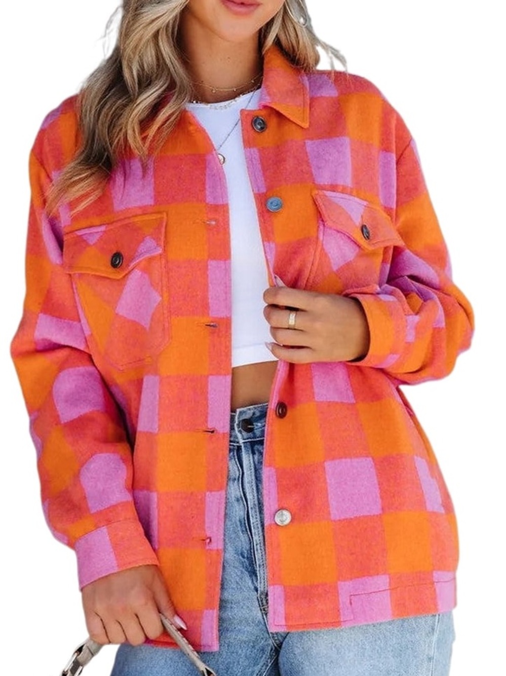 Velvet Heart Orange and Pink Checked FLANNEL Utility Shacket SIZE L